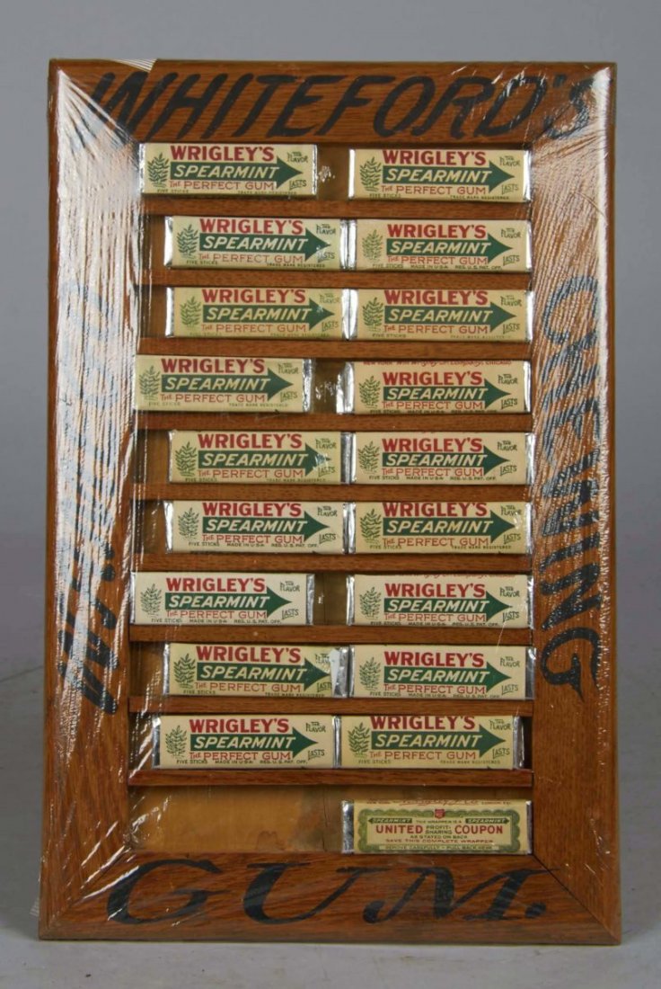 White Fords Wamego Chewing Gum Wood Display.: This is a countertop display, includes packets of Wrigley's Gum. Condition (Excellent). Size 9 - 1/2" x 14 - 1/2".