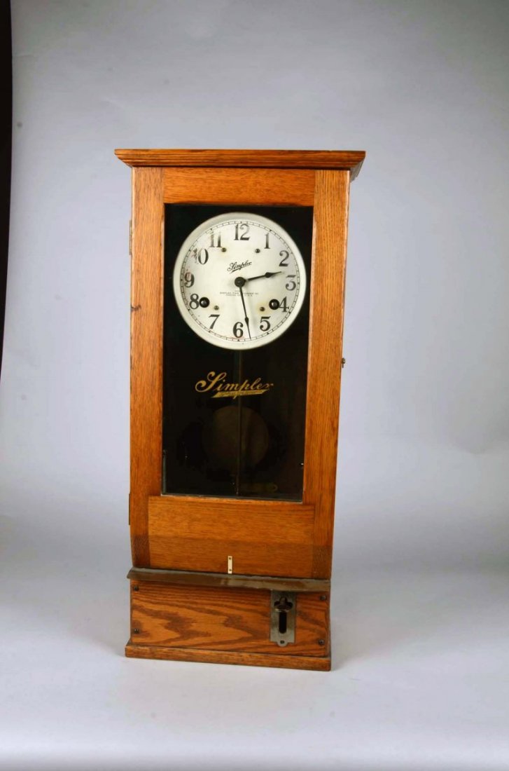 Early Simplex Oak Time Clock Style T-10: Serial No. 8638 By Simplex Time Recorder Co. Gardner, Mass. Condition Very Good Size 31" x 12.5" x 7.5"