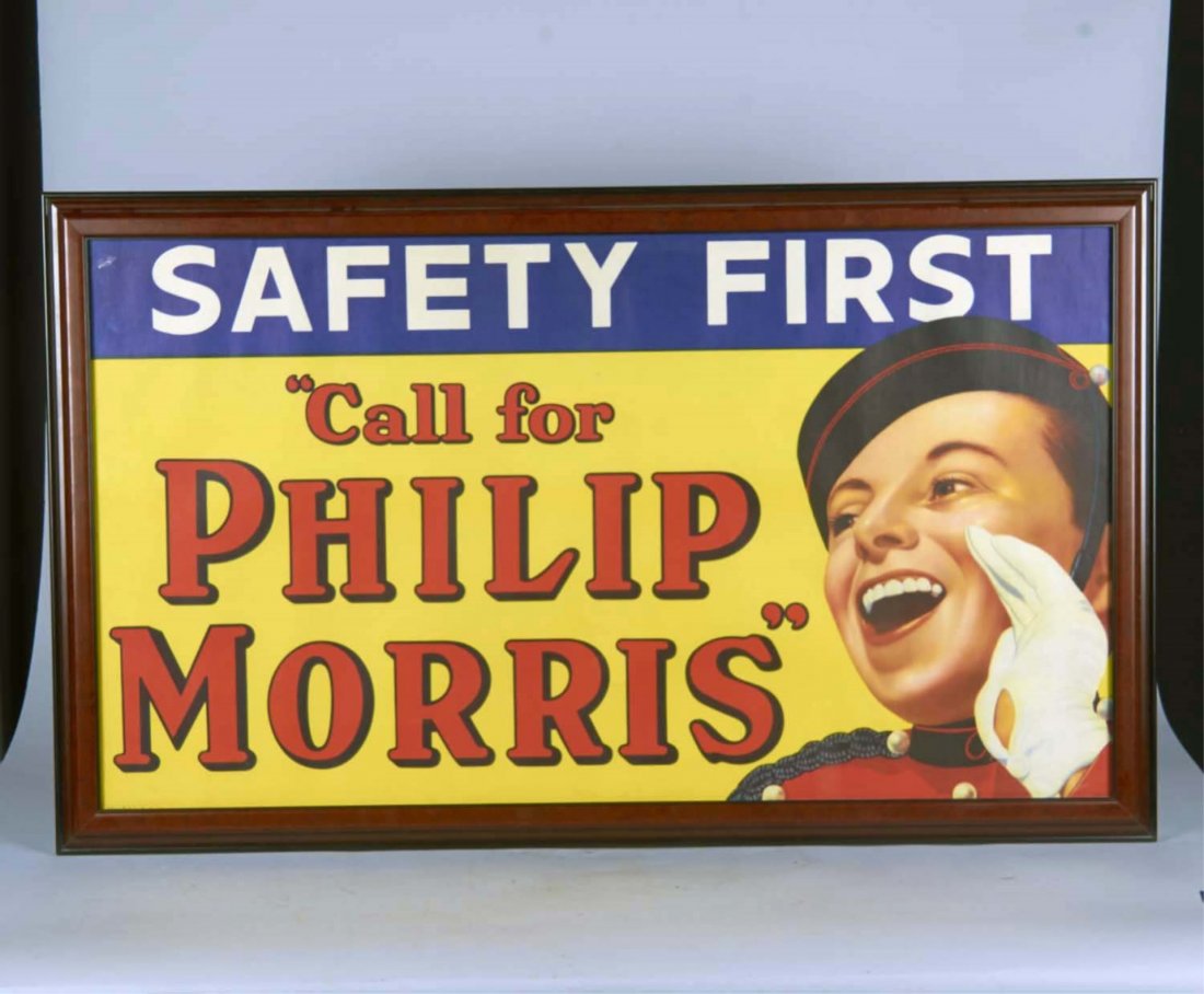 Philip Morris Cigarettes Advertising Poster: In Frame. Reads "Safety First - Call For Philip Morris" featuring Johnny The Bellboy, circa 1930s. Condition (Excellent). Size 44" x 26-3/8"
