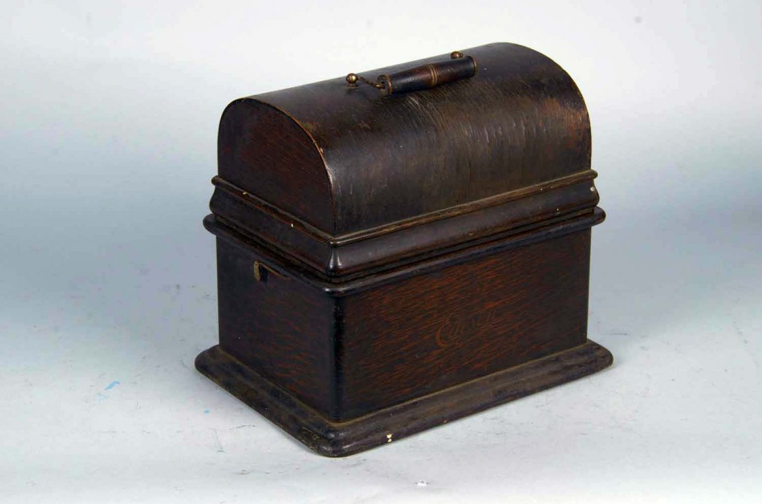 Edison Standard Phonograph Wax Cylinder Player: Wood cabinet with lid, includes horn and 1 wax cylinder for "I Didn't Raise My Boy To Be A Soldier", Serial No. 516587 circa 1906. Condition (Excellent). Size 13" x 9.5" x 11"