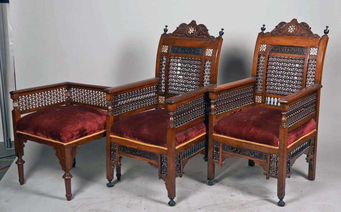 Lot Of 6; Carved Wood Chairs w/ Mother Of Pearl: 5 - Ornate carved wood chairs w/ mother of pearl inlay, red velvet cushion & 1- Hanging wall mirror, Moroccan design, two of the chairs have an inscription in Arabic carved on the front of the backres