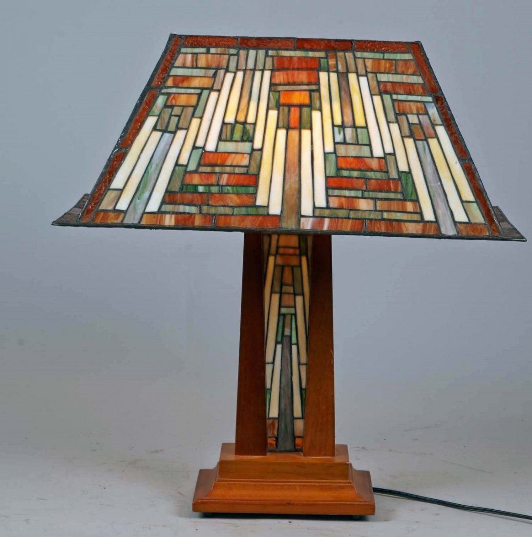 Mission Style Lamp Replica: w/ Stained Glass Lamp Shade, Made In China Condition Excellent Size Shade 22" x 12", Lamp 22-1/2" H