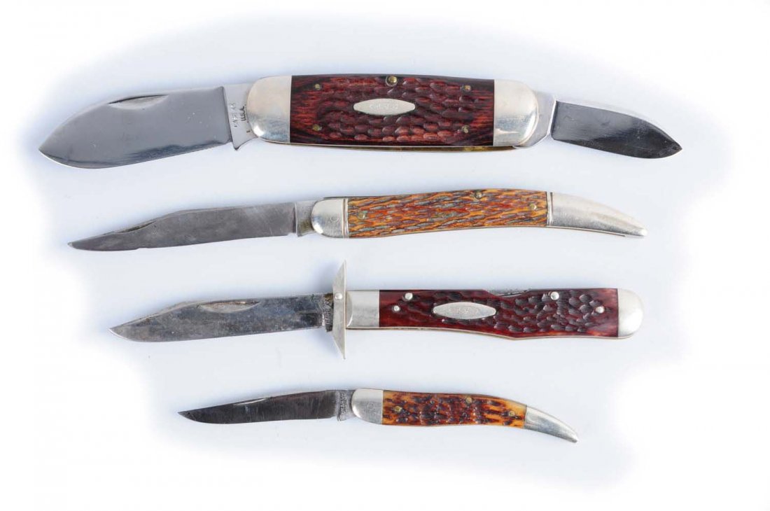Lot of 4: Knives.: Lot includes: a Case XX U.S.A 4 - 3/8" NO. 61111/2" one folding lock back with finger guard. Handled in bone with pretty color. Scales are perfect. Blade has strong snap in close direction. Circa 1976