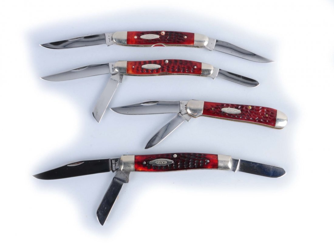 Lot of 4: Case Knives.: Lot includes: a Case XX U.S.A 4" No. 63047 three-blade red bone stockman. Circa 1971, a Case XX U.S.A 3 - 7/8" two-blade "Muskrat" handled in red bone. Circa 1972, a Case XX U.S.A 3 - 15/16" No. 6249