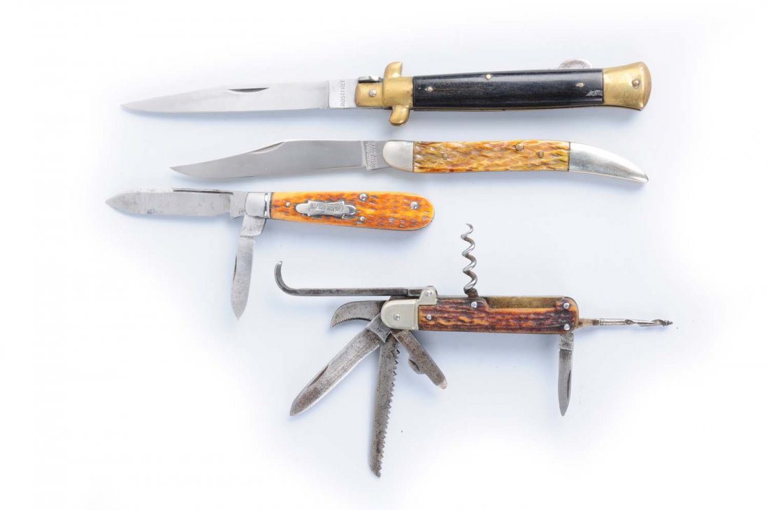 Lot of 4: Knives.: Lot includes: Winchester Trade Mark Made on U.S.A 5" No 1036 one-blade "Texas Toothpick" handled in bone. Knife is an example of a unauthorized repro. Circa - new, a Rostfrei Italy 5 - 3/8" one-blade