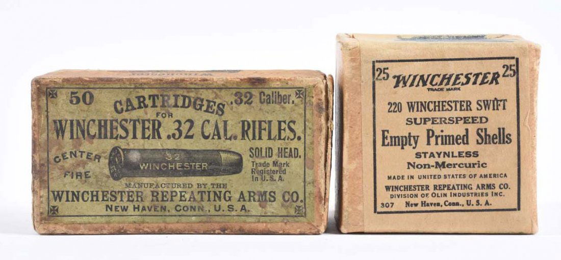 Lot of 2: Winchester Cartridges Sealed Boxes.: Includes .32 cal center fire for model 1873 and 1892. Box is strong and shows age soiling and some scuffing. Also a sealed box of 220 empty primed shells. Condition (Very Good).