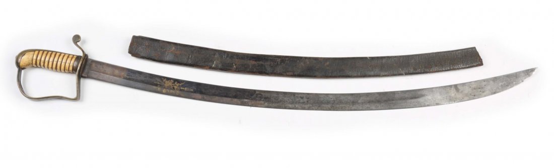 Nathan Starr Type Revolutionary War Era Sword: This sword does not bear any maker mark but is very similar in pattern to the 1797 Starr made swords. It features a bone handle with wire wrap missing. Brass handguard in Starr style. Fire blued and g