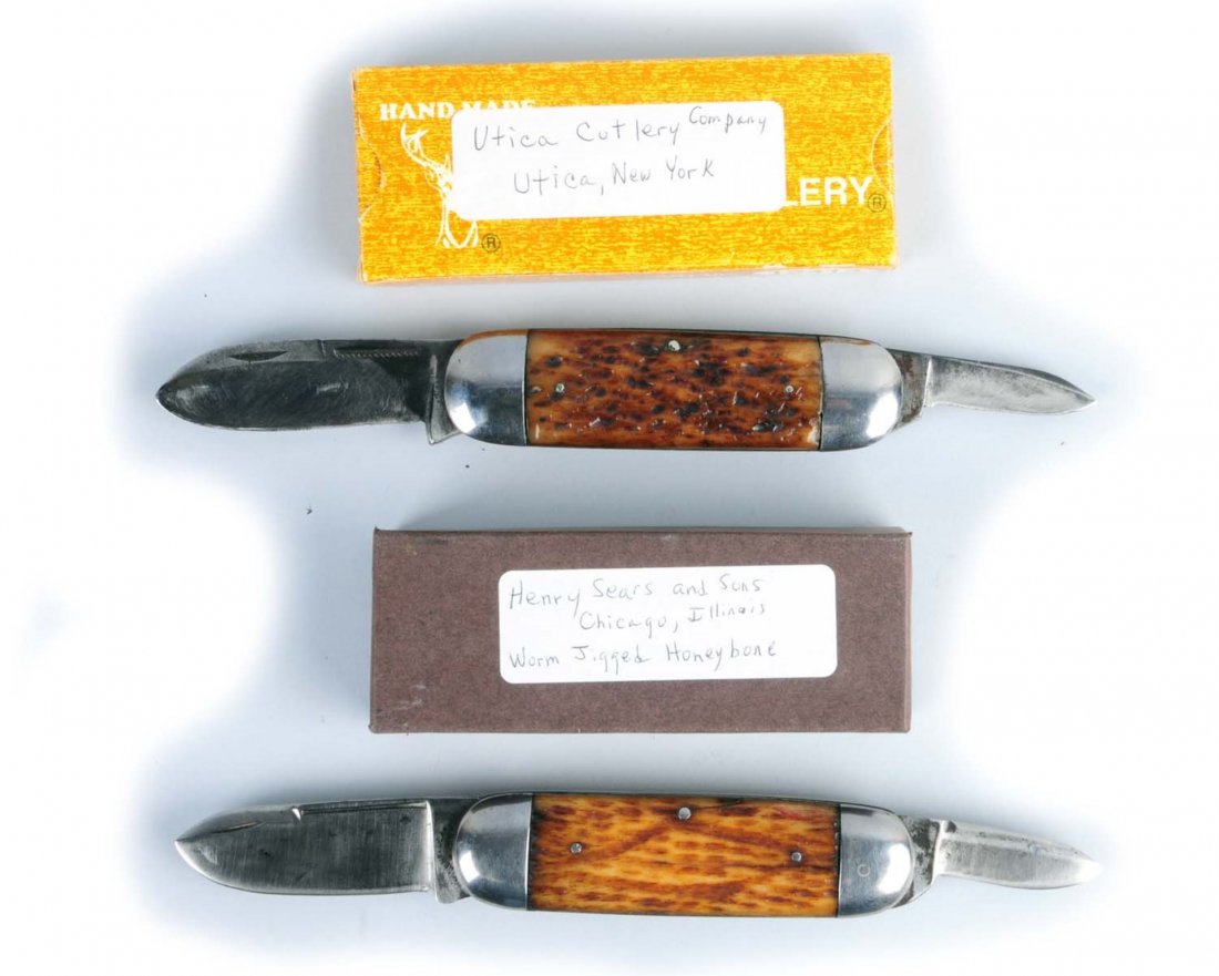 Lot of 2: Knives with Boxes.: Lot includes: a Henry Sears and Son 4 - 1/4" two-blade "Sunfish" handled in worm grooved bone. Both front and back scale have damage by center pin. Both blades are worn and re-shaped. Master blade has