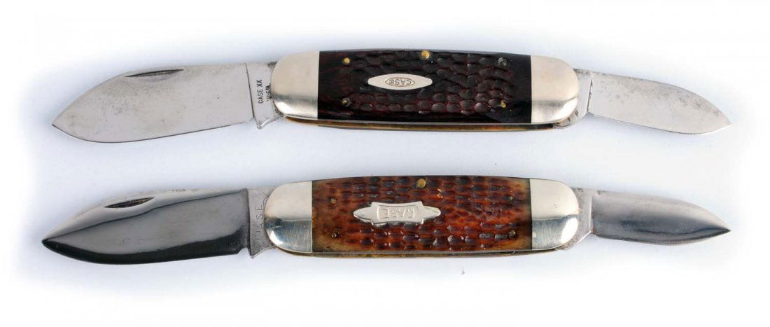Lot of 2: Case Knives.: Case Tested XX 4 - 3/8" No. 6250 two-blade "Sunfish" handled in green bone. Front scale is fine with nice bowtie shield. Back scale is cracked full length of handle. Blades have been professionally cl