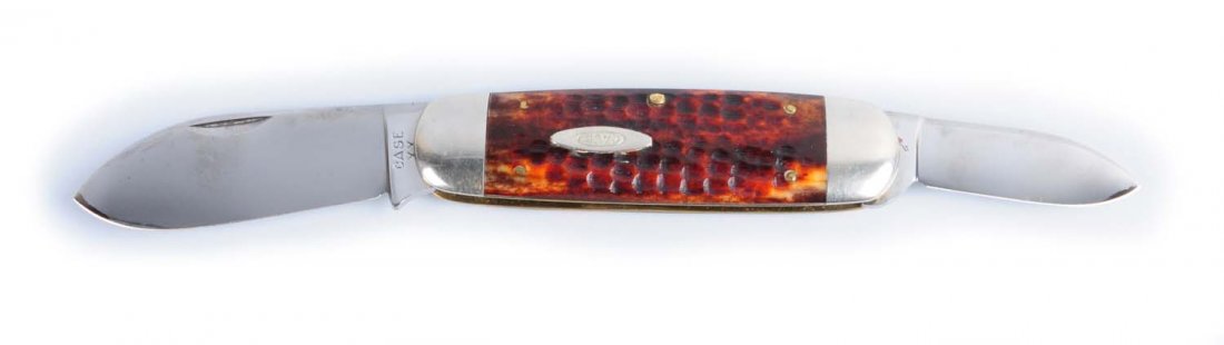 Case Knife.: Case XX 4 - 3/8" No. 6250 "Sunfish" handled in red bone. Both blades are solid and have strong snap in both open and close direction. Handles have great color and are free of cracks or chips. Circa 19