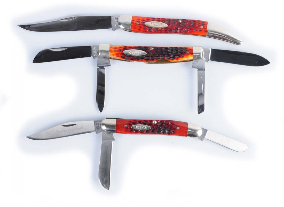 Lot of 3: Case Knives.: Case XX U.S.A 4 - 1/8" No. 6488 four-blade congress handled in red bone. Circa 1964 - 1970, a Case XX 5" No. 6109 one-blade "Texas toothpick" handled in red bone. Circa 1940 - 1964, and a Case XX Stai