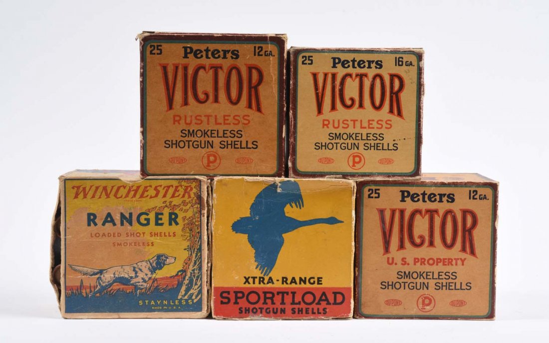 Lot of 5: Shell Boxes.: Includes three Peters Victors boxes 12 ga. box, 16 ga. full box, and 12 ga. empty box. Also includes Winchester 12 ga. Ranger full box which is weak, and a Sears 12 ga. mixed box. All have edge wears,