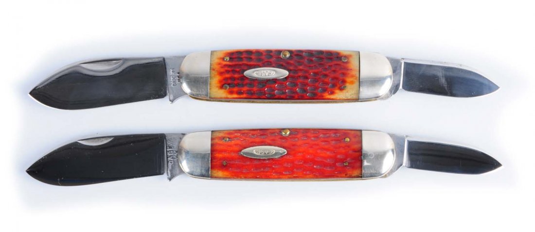 Lot of 2: Case Knives.: Lot includes: a Case XX 4 - 3/8" No. 6250 two-blade "Sunfish" handled in red bone. Scales are perfect. Both blades have good snap in both open and close direction. Circa 1940 - 1964, and a Case XX 4 -