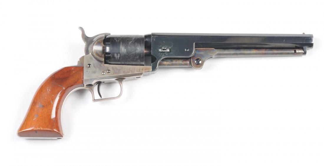 Colt Model 1851 Navy Revolver 2nd Generation.: Serial # 6646 This is a standard second generation Colt Model 1851 Navy six-shot, .36 caliber percussion, with 7-1/2" blued barrel and cylinder. Case colored lever, frame, and hammer. Nickel square ba