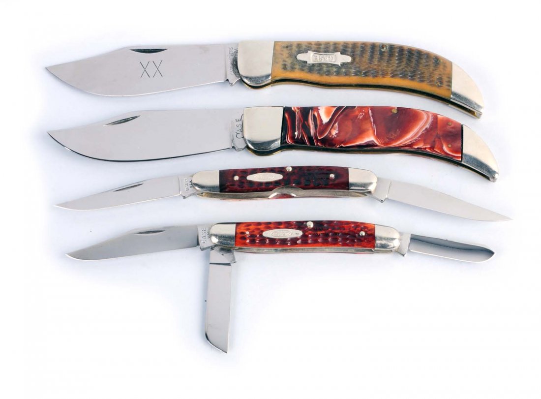 Lot of 4: Case Knives.: Lot includes: a Case XX U.S.A 3 - 7/8" two-blade "Muskrat" knife handled in bone. Circa 1972, a Case XX 3 - 7/8" No. 6347 HP three-blade stockman handled in red bone. Circa 1940 - 1964, a Case Brother