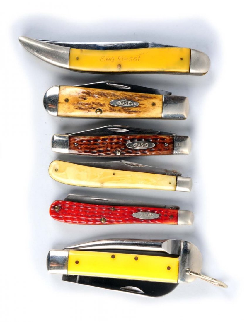 Lot of 6: Case Knives.: Case XX U.S.A 4 - 1/8" No. 61048 SP one-blade spey handled in red bone. Blade was cleaned with a wire wheel, has good snap in both open and close direction. Scales are perfect. Circa 1979, a Case Test