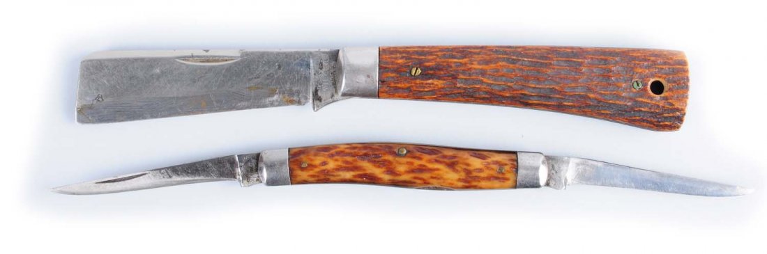 Lot of 2: Folding Knives.: Lot includes: Miller Bros 4 - 3/4" one-blade rope knife (navy knife). Handles represent a Miller Bros patent that allows one to remove the handles by taking out four handle screws that hold the bone s