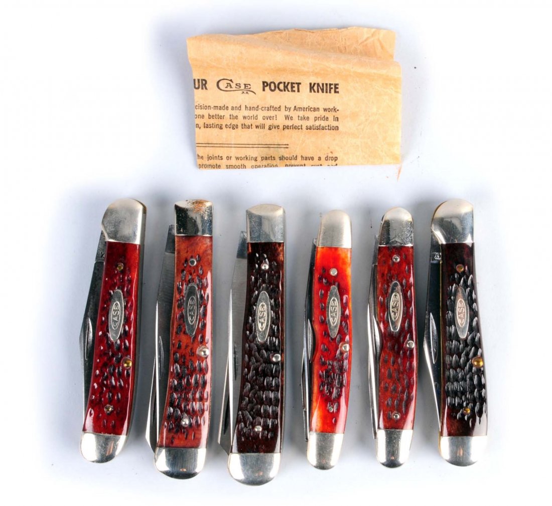 Lot of 6: Case Knives.: Lot includes: a Case XX Stainless U.S.A 4 - 1/8" No. 6254 SSP two-blade "trapper" handled in bone. Circa 1976, a Case XX U.S.A 3 - 7/8" two-blade "muskrat" handled in red bone. Circa 1971, a Case XX U