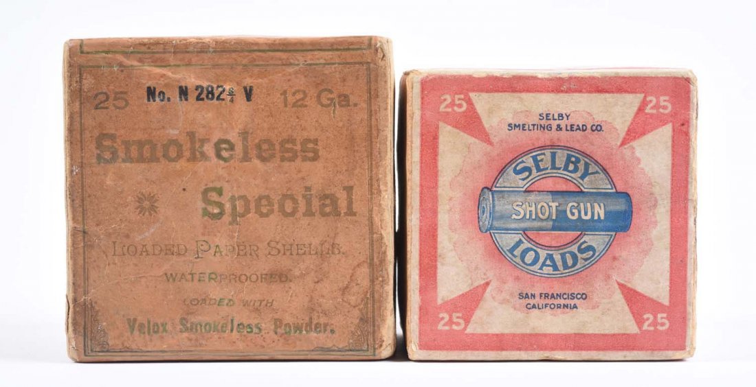 Lot of 2: Ammo Boxes.: Includes Smokeless Special empty box by Western Cartridge Co, St. Louis. Loaded with Velox smokeless powder. A very rare box with easy-to-read labels. Also includes an empty Selby 20 ga box with excel
