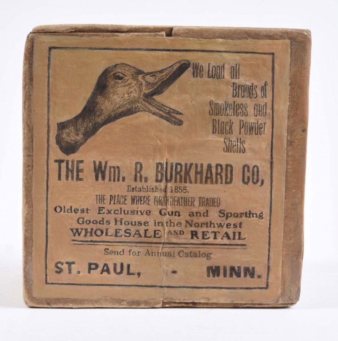 William R. Burkhard Co, St. Paul, Minn. Empty Box: Hand load box with duck picture . Has a ballistite bottom label. Box shows restoration. Condition (Very Good).