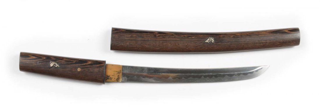 Japanese Long Knife with Fixed Blade.: Copper mounts. Scabbard and handle are wood. Both scabbard and handle have a silver figure of a fish on both sides. Blade is a full signature. Blade tang when handle is removed bears a Japanese signat