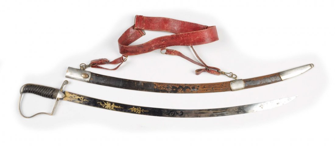 1840’s Civil War Era Sword & Document.: Beautiful sword features a curved 30 blade that has the fire blued finish with Patriotic gold etchings. Leather handle with original wire wrap. Silver plated brass handguard. Maker stamped. Has origin