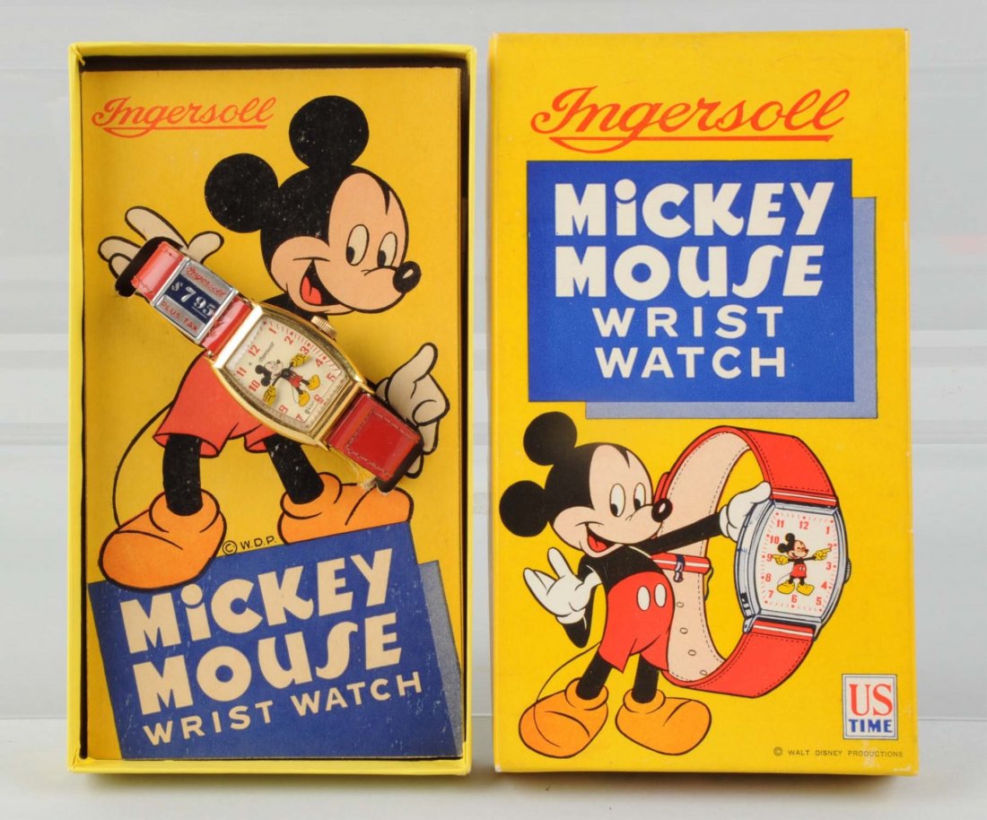 Walt Disney Mickey Mouse Ingersoll Wrist Watch.: Includes original box with insert. Also has $7.95 price tag on plastic band. Made by US Time. Box marked "Walt Disney Productions". Slight tearing to box insert where it holds watch. Looks unused, but
