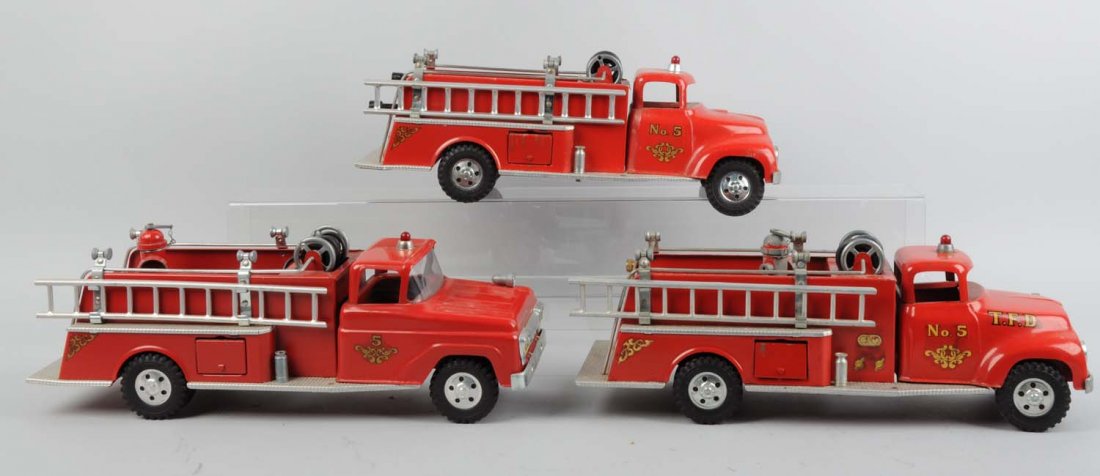 Lot Of 3: Tonka Pressed Steel Fire Engines.: All three trucks have paint chips and scratches, all have the fire hydrants, sirens, front grilles with plastic highlights and fenders. Tires are original. Condition (Very Good - Excellent). Size 17" 
