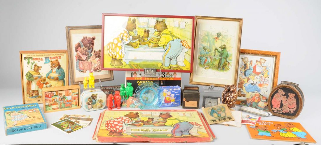 Large Lot Of Assorted Teddy Memorabilia.: This lot includes a block set, plastic figures, a glass plate, puzzles, figural soap, and many other items. Great lot of vintage unusual items for a bear collector. Condition (Good). Size Largest: 20"