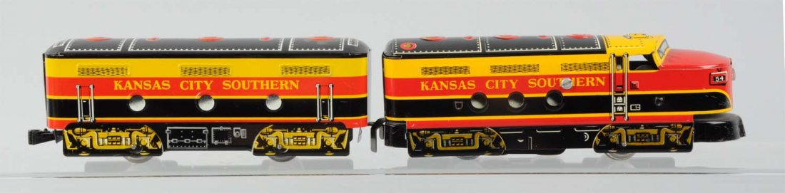 Marx No. 54 Kansas City Southern A & B Unit.: No. 54 A - Unit powered Kansas City Southern; all original and complete, and B - unit; complete and all original. Condition (Excellent). Size Largest: 9" L.