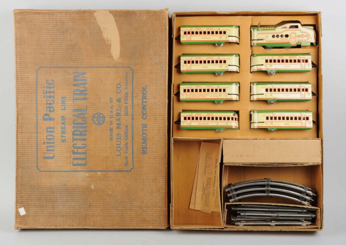 Marx 8 Pc. 10005 Passenger Set in Original Box.: Marx M10005 electric power unit is very clean, attractive, complete, and all original, three Denver passenger coach are all complete and all original, an Omaha passenger coach in excellent condition,