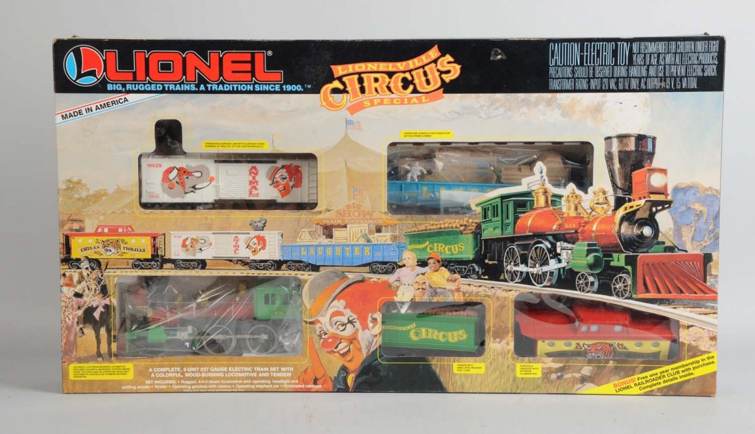 Lionel 11716 Circus Set with Original Box.: Set includes: General type locomotive and tender, elephant car, animated gondola, circus caboose, track and transformer. All in like new condition.