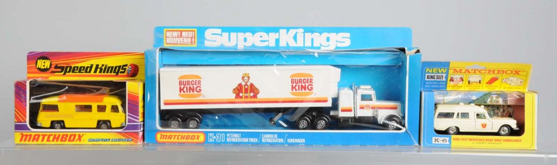 Lot of 3: King Size K-6, K-27, & K-31 Matchbox.: Lot consists of one K-31 Burger King tractor trailer in mint condition in worn original box; K-27 Speed Kings camping cruiser in mint condition in original box; K-6 Mercedes-Benz ambulance in mint con