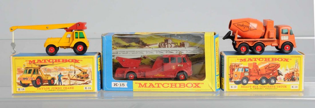 Matchbox K-15 Merryweather Fire Engine.: Truck is in mint condition. K-13 ready-mix concrete truck is in mint condition in complete original box. K-14 Tailor jumbo crane is in mint condition in complete original box. Condition (Near Mint)