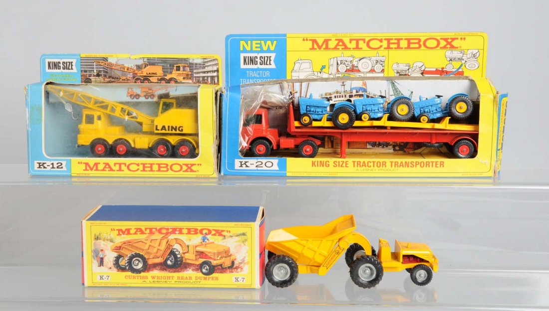 Matchbox King Size K20 Tractor Transporter Plus.: Matchbox K20 tractor transporter is in mint condition in original box that is missing the cellophane insert and torn and slightly crushed on one end. Also going along is a K12 Scammell mobile crane la