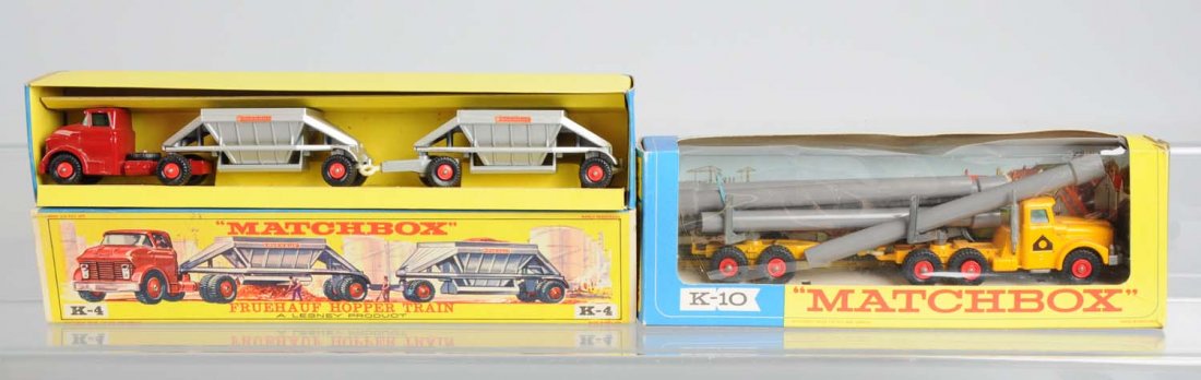 Matchbox King Size K4 Fruehauf Hopper Train: Lot consists of one K4 Hopper Train. Complete and in excellent condition with original box. Mint Condition original Box. Also K10 Matchbox Pipe Truck in mint original box.