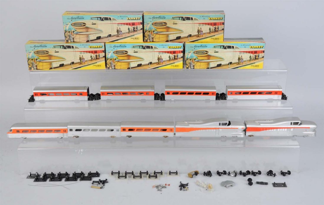 Varney Aero Train Lot.: Lot consists of two powered locomotive with a Kemtron aero drive motor. Two coaches, however one does not have the orange stripe. One observation car. The following are kits, four passenger car coache