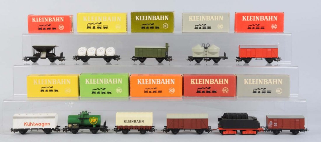 Lot Of 11: Kleinbahn Pieces Rolling Stock.: Lot includes, tender like new in box. Boxcar, excellent condition with no box. Boxcar, like new in box. Kleinbahn covered gondola, like new in box. BP tanker, like new in box. Flat car with cable whee