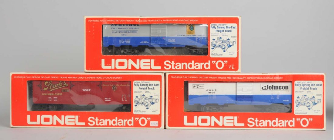 Lot of 3: Std. O Rolling Stock & Strohs Beer.: Lot includes: 9807 Strohs beer reefer, complete like new and in original box. 9803 Johnson Wax box car, 9801 B&O. Condition (Excellent).
