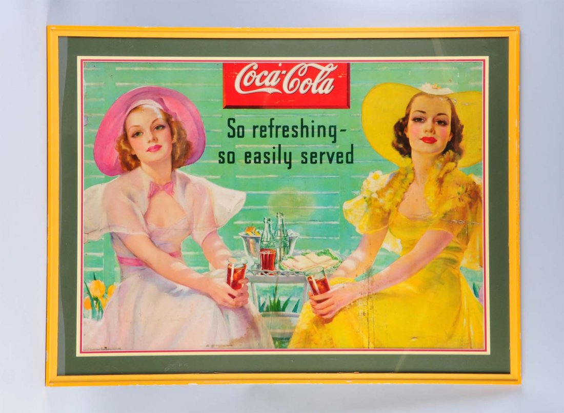 Circa 1940 Coca - Cola Cardboard Sign.: Artwork by Bradshaw Crandell. This sign is matted and framed under glass. It has staining, a few holes and other moderate damage. A great image. Condition (Good). Size 47" L x 36" T.