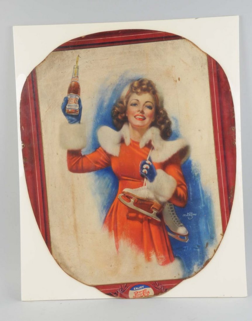 1940's Pepsi - Cola Cardboard Sign.: Great artwork by Zoe Mozert. Trimmed at the edges and corners with heavier soiling, some nail holes, and wear. Condition (Fair). Size 30" T x 24 -1/2" L.