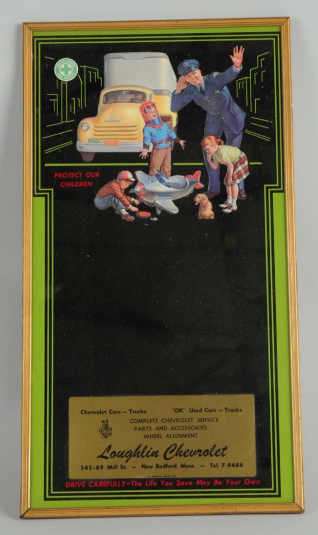 1940s Loughlin Chevrolet Advertising Mirror.: Is in super condition with great graphics and color. Condition (Excellent). Size Framed: 22" T x 12" L.