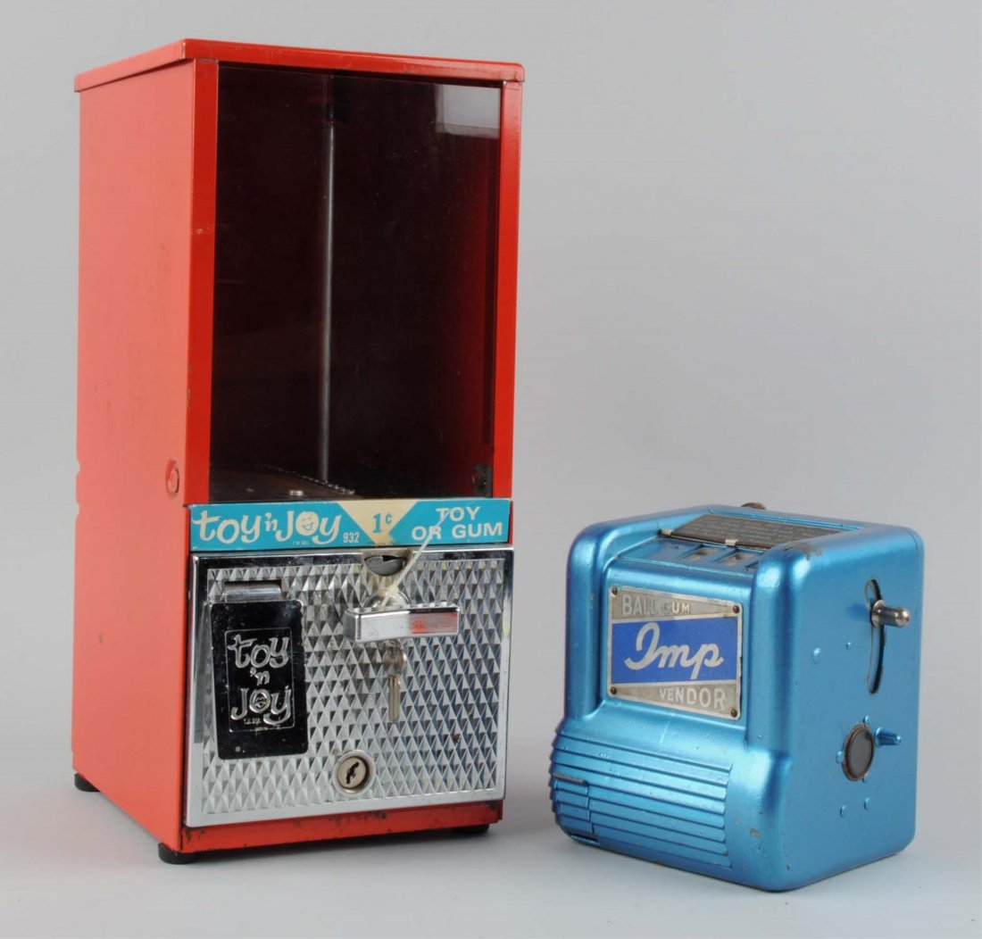 Lot Of 2 : Gum Vendors.: This lot includes an Imp Ball Gun Vendor and a Toy 'n' Joy gum vendor. The Imp is in great condition with little wear. The Toy 'n' Joy has minor wear. Condition (Excellent). Size Largest : 14 -1/4" T.