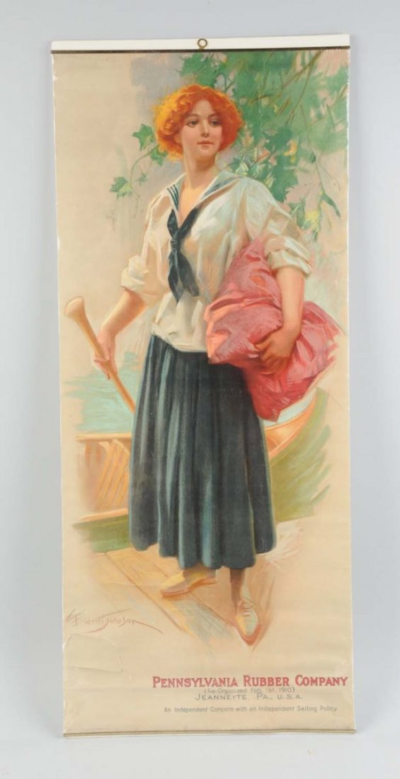 1910-15 Pennsylvania Rubber Co. Paper Poster.: Great color with artwork by C. Everett Johnson. Some small creases and roll marks with a few longer closed tears and light wear. Condition (Very Good). Size 34" T x 14 -1/2" L.