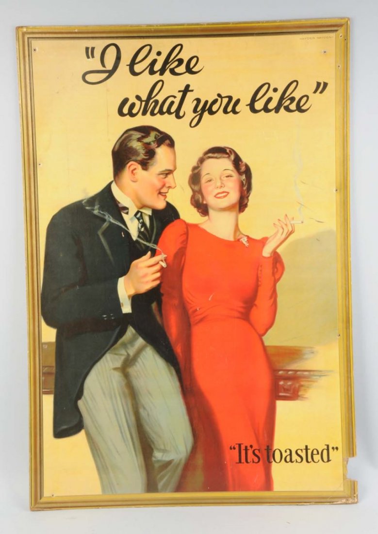 Large 1930's Lucky Strike Cardboard Poster.: Beautiful artwork by Hayden Hayden. Small chip in the lower right corner, border nail holes, small marks, and light wear. Condition (Very Good). Size 38" T x 26" L.