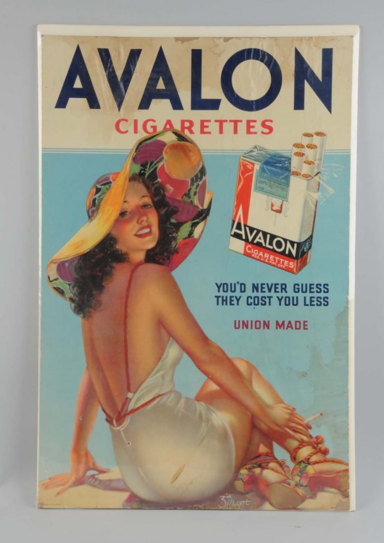 1940's Avalon Cigarettes Cardboard Poster.: Bathing girl artwork by Zoe Mozert. Colors are strong and bright, however the poster is stained and rippled, especially along the top and right side. Condition (Very Good). Size 30 - 1/2" T x 20 - 1/4