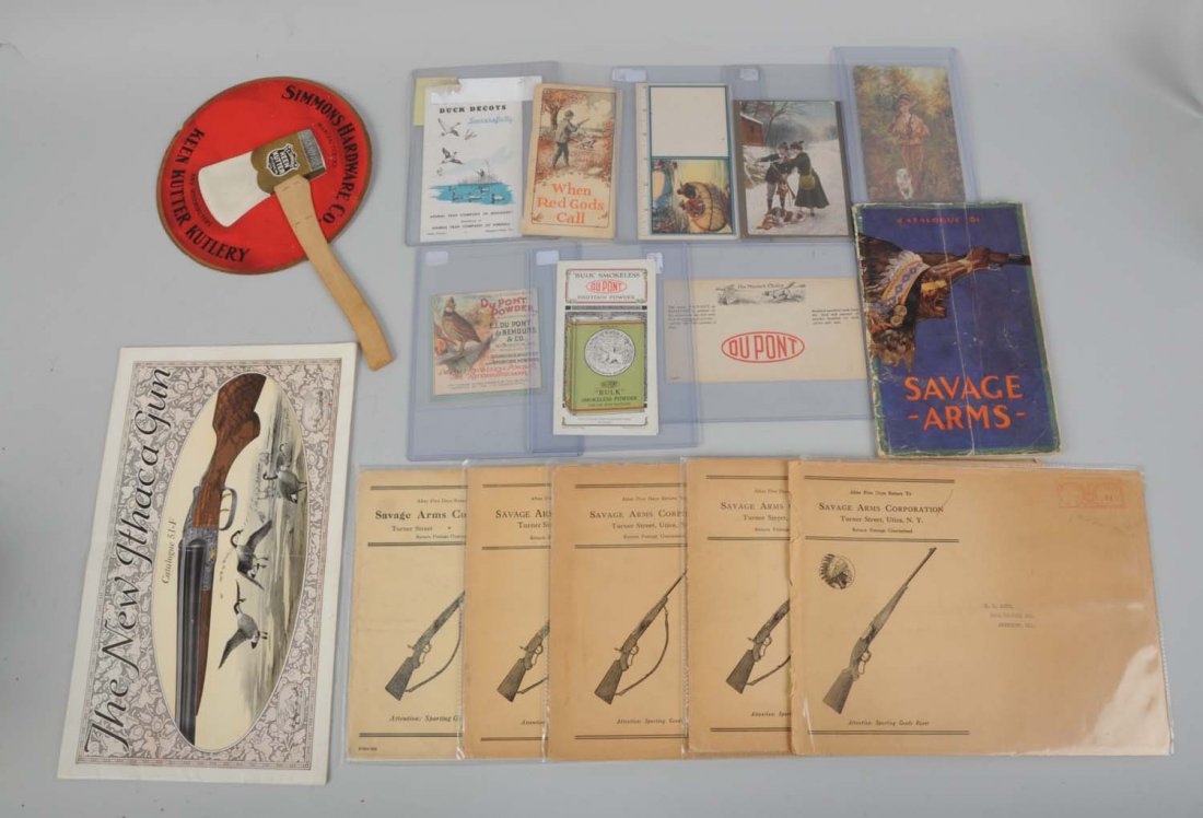 Lot Of Gun Catalogs & Other Advertising.: This lot includes a c. 1933 New Ithaca Gun catalog, five 1930's - 40's Savage Arms price lists with mailers, a 1921 Savage Arms catalog with heavy wear, an early Dupont Powder label, a 1920's Dupont P