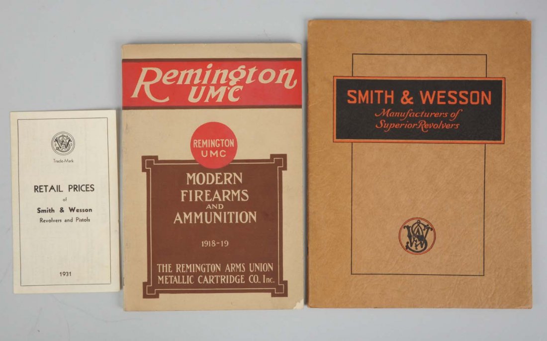 Lot of 2: Early Gun Catalogs.: This lot includes a 1930's era Smith & Wesson Revolver catalog and a 1918 - 19 Remington Modern Firearms and Ammunition catalog. Also included is a 1931 Smith & Wesson price update list. Both catalogs