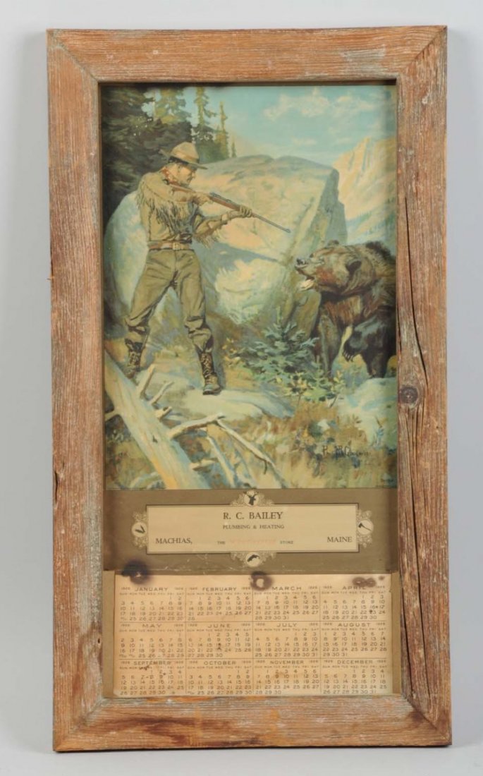 1926 Winchester Store Calendar With Hunting Scene.: This calendar has a moderate wear and staining. Has top metal band to description. Framed. Artwork by Philip R. Goodwin. Condition (Very Good). Size 23" L.