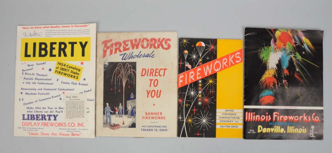 Lot Of 4: Fireworks Catalogs.: This lot includes a 1954 Illinois Fireworks catalog, a 1954 Liberty Fireworks catalog, a c. 1940's United Fireworks catalog and a 1960's Banner Fireworks catalog. The Banner catalog has some soiling a
